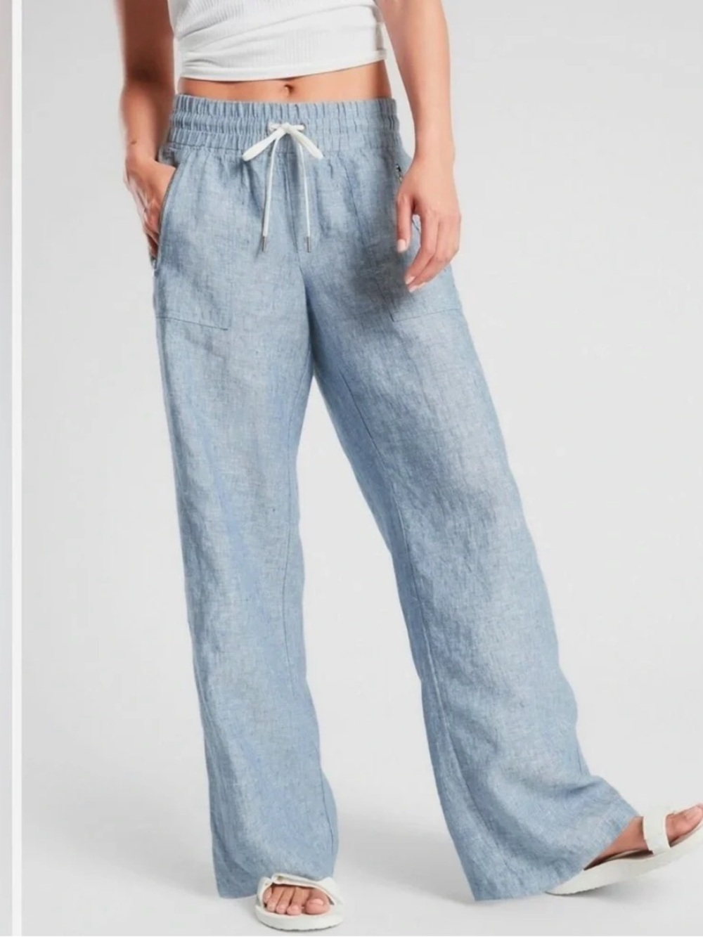 ATHLETA Chambray Blue Cabo Linen Wide Leg Lounge Travel Vacation Pants 4 Tall‎